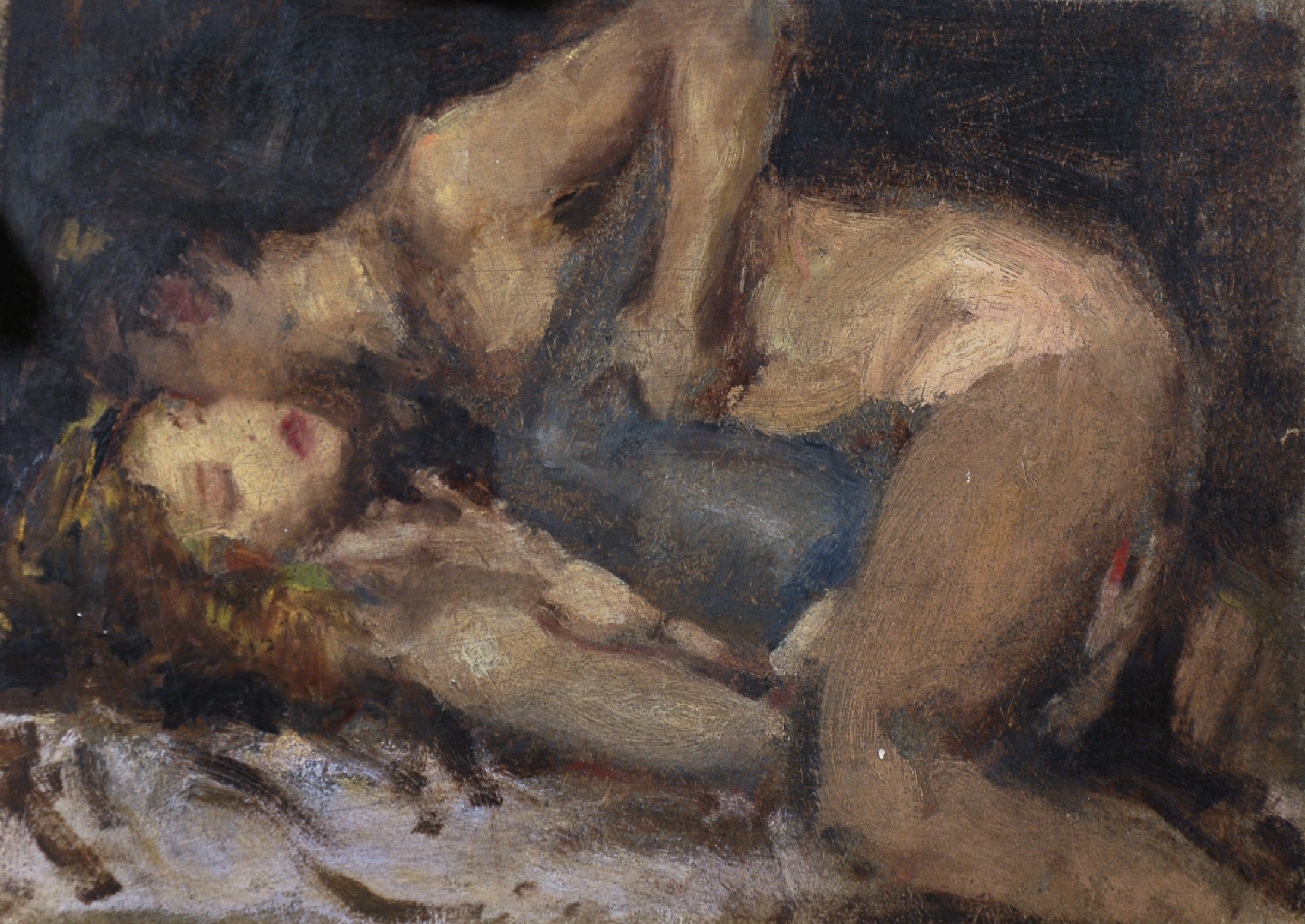 Ken Moroney (1949-2018) British. Figure Study of Two Women on a Bed, Oil on Board, Signed 'JJ - Image 2 of 8