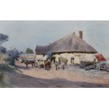 Henry Sykes (1855-1921) British. "Minehead", a Thatched Cottage Scene, with Figures by Horses and