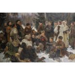 20th Century Russian School. Military Figures Conversing in a Winter Landscape, Oil on Canvas,