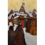 After Andrey Petrovich Riabushkin (1861-1904) Russian. Figures in a Snow Covered Market Scene, Oil