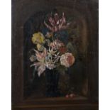 19th Century English School. Flowers in a Vase, standing in a Niche, Oil on Panel, Unframed, 10" x