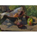 Elena Kirichenko (1937- ) Russian. A Still Life of a Fish in a Bowl, with Vegetables, Oil on Card,