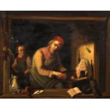 19th Century German School. A Carpenter at Work in his Workshop, with a Boy watching, Oil on