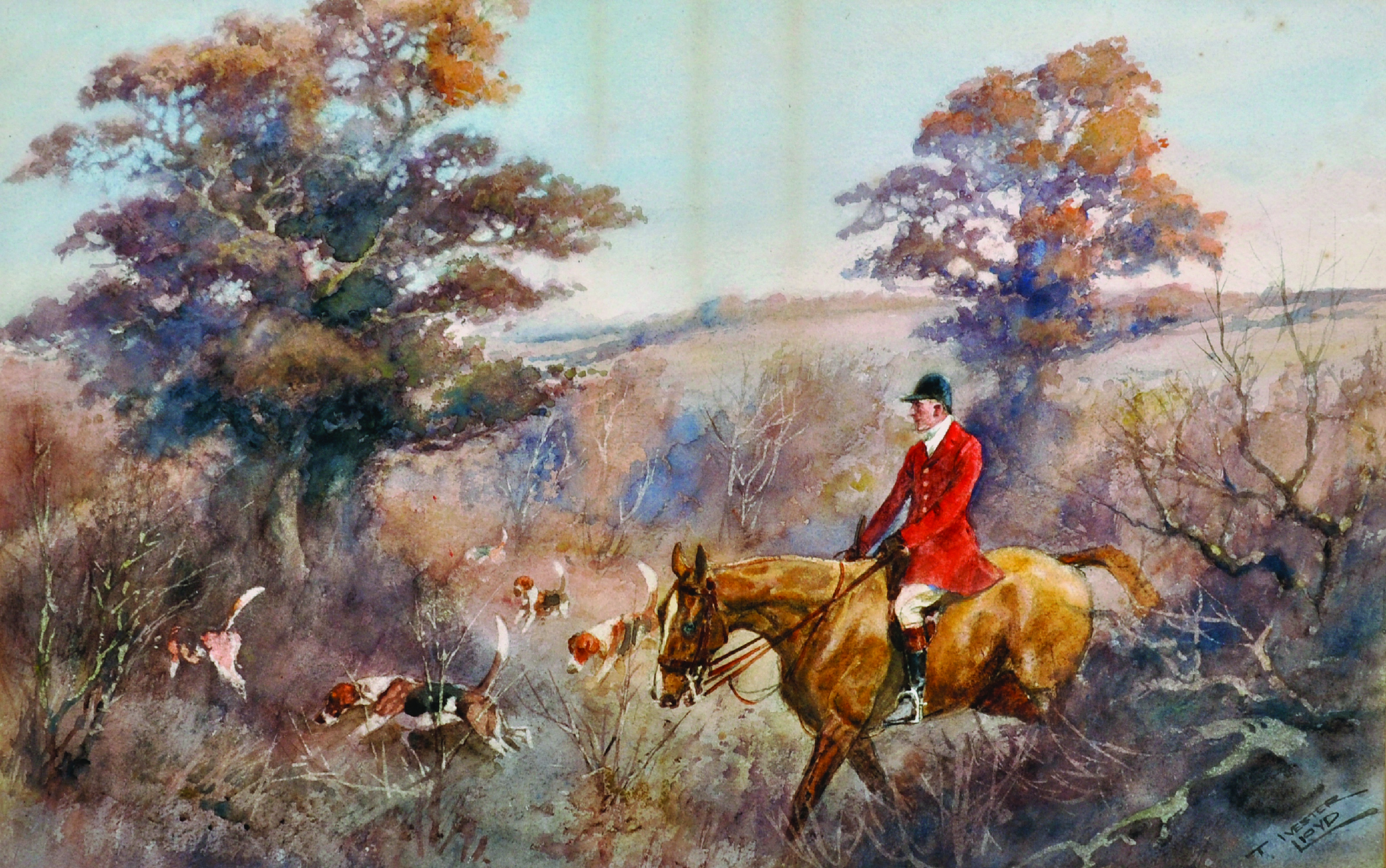 Thomas Ivester Lloyd (1873-1942) British. A Hunting Scene, with Riders and Dogs, Watercolour, - Image 4 of 13