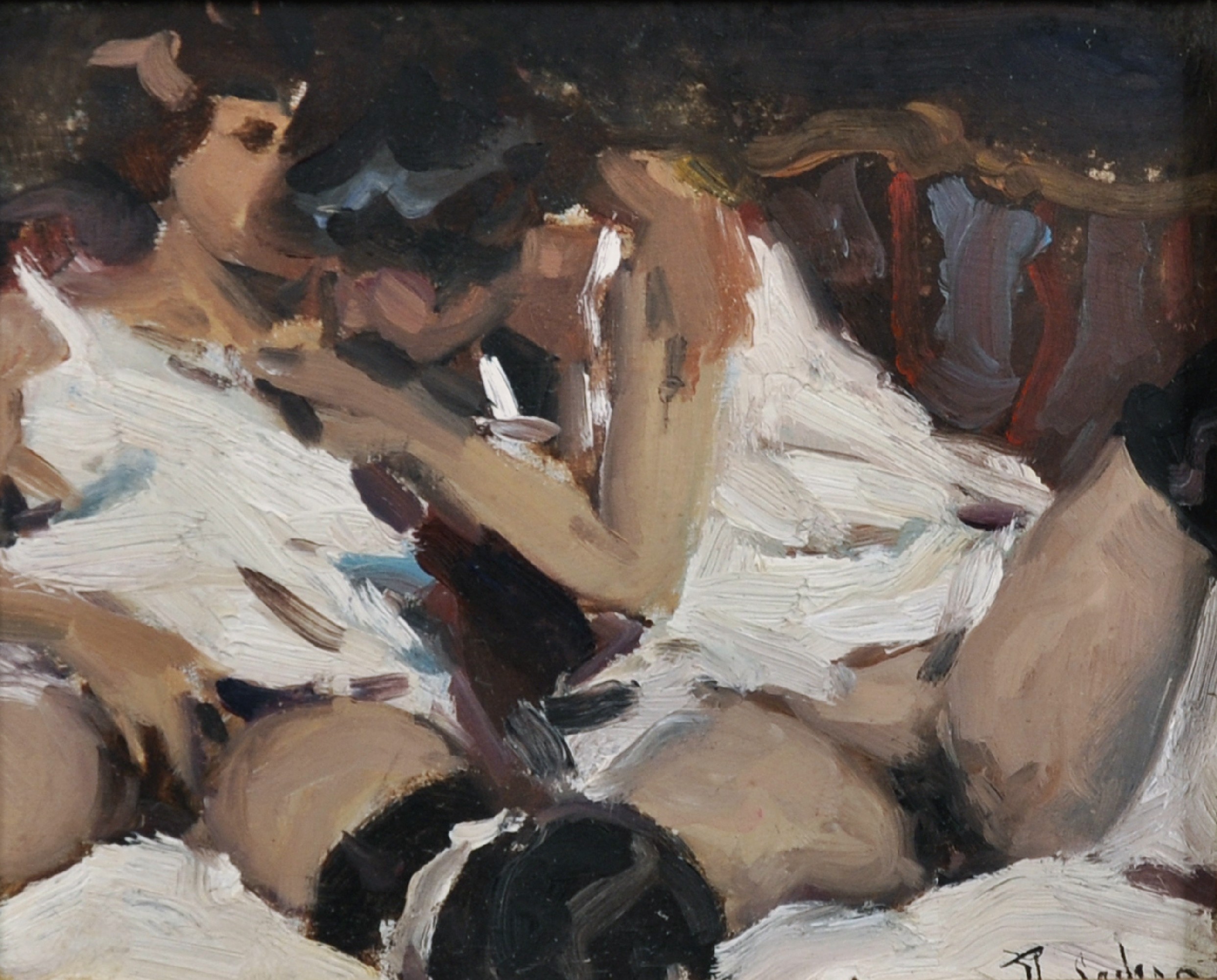 Ken Moroney (1949-2018) British. Figure Study of Two Women on a Bed, Oil on Board, Signed 'JJ