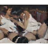 Ken Moroney (1949-2018) British. Figure Study of Two Women on a Bed, Oil on Board, Signed 'JJ