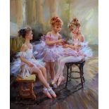 Konstantin Razumov (1974- ) Russian. "Three Girls in Tutus at the Ballet Lesson", Oil on Canvas,