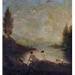 Circle of Richard Wilson (1714-1782) British. Figures Bathing by a Lake, Oil on Panel, 8.25" x 7.