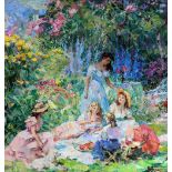 Valentin Danilovitch Bernandsky (1917-2011) Russian. "In the Blossom Garden", with Three Young Girls