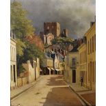 L... Pouteau (19th - 20th Century) French. A Street Scene, with Castle Ruins in the distance, Oil on