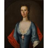 18th Century English School. A Half Length Portrait of a Lady, dressed in Blue with a Rose