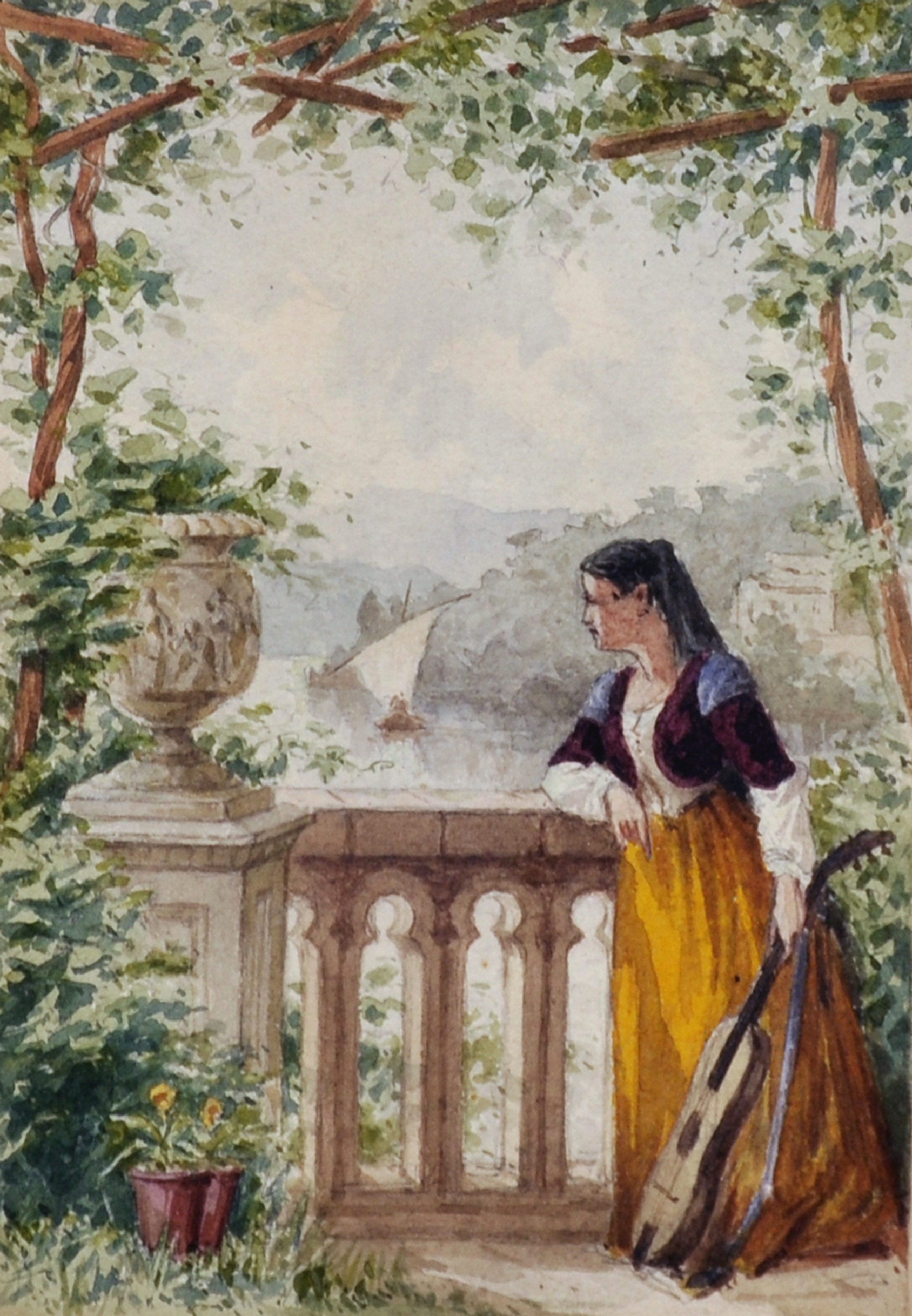19th Century Spanish School. A Woman standing on a Balcony holding a Guitar, with a Sailing Boat