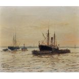 Edwin Henry Eugene Fletcher (1857-1945) British. Boats on the Thames, Oil on Canvas, Signed, 7" x