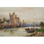 Walter Stuart Lloyd (1845-1929) British. "Caernarfon Castle", with Figures in Boats in the