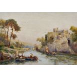 Walter Stuart Lloyd (1845-1929) British. "Chepstow Castle on the Wye", with Figures in Boats in