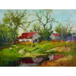 Karl Gross-Sattelmair (1870-1930) European. A River Landscape, with a Figure by Cottages, Oil on
