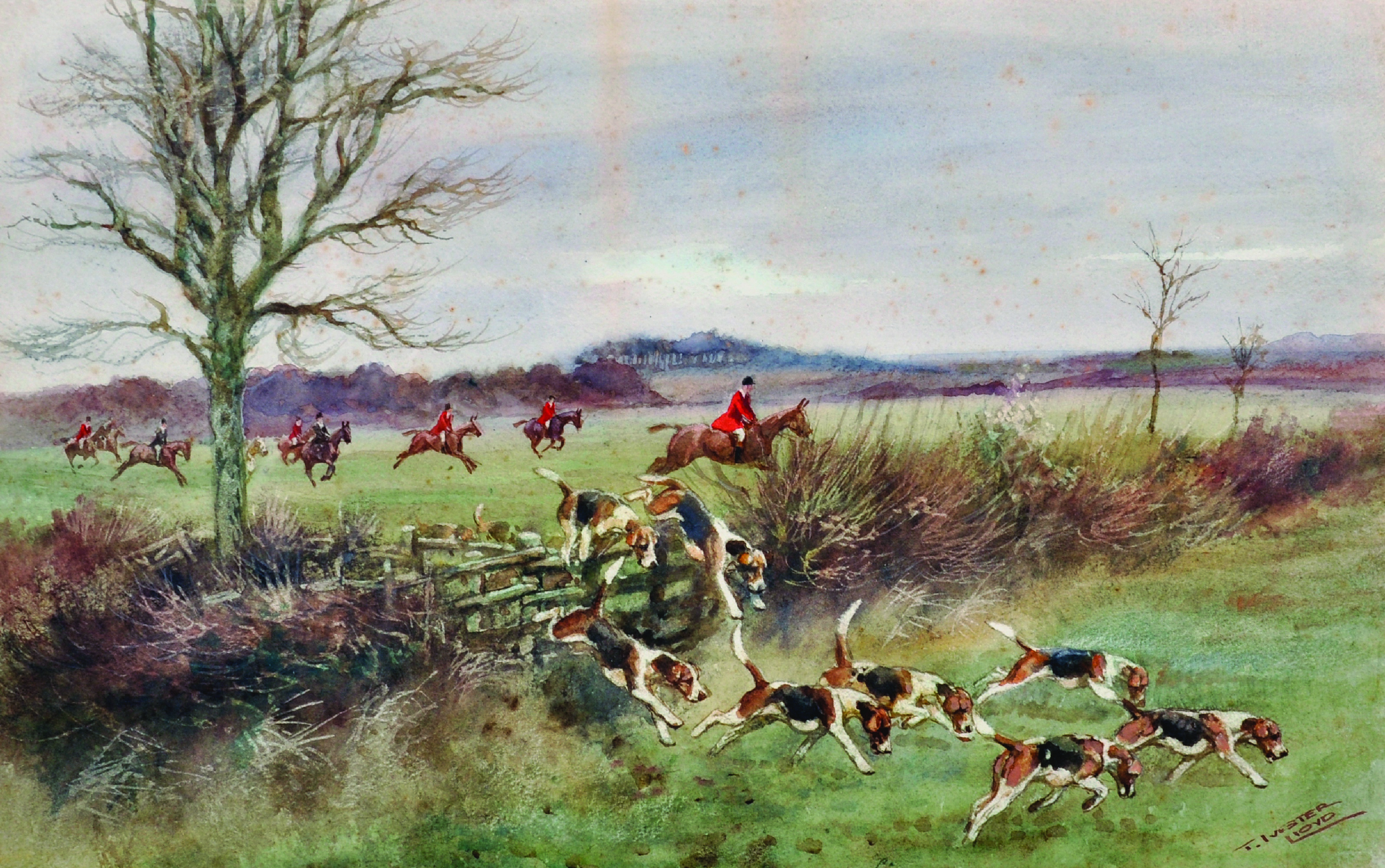 Thomas Ivester Lloyd (1873-1942) British. A Hunting Scene, with Riders and Dogs, Watercolour, - Image 3 of 13