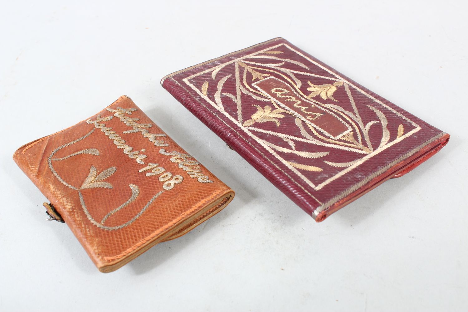 TWO OTTOMAN SILVER THREAD DECORATED LEATHER WALLETS, one dated 1908, 14cm and 10cm wide, (2). - Image 6 of 6