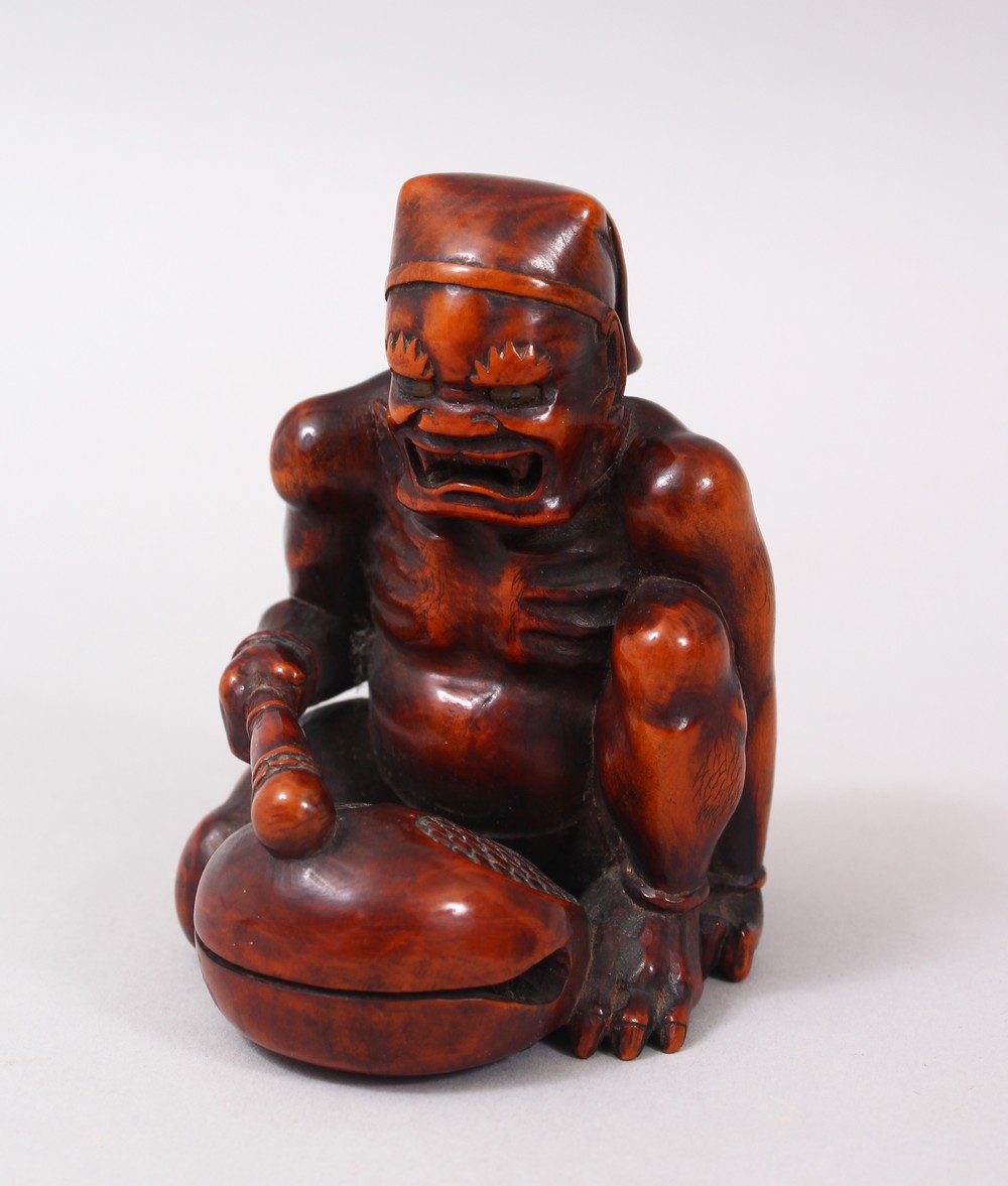 A GOOD JAPANESE MEIJI PERIOD CARVED WOOD OKIMONO GROUP - ONI & DRUM, the carved wood okimono