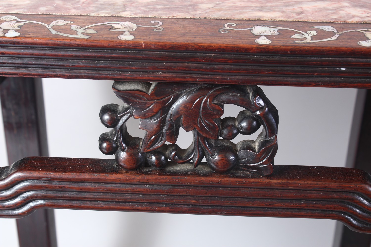 A GOOD PAIR OF 19TH CENTURY CHINESE HARDWOOD AND MOTHER OF PEARL MARBLE TOP STANDS, the tops inset - Image 2 of 7