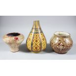 THREE PERSIAN LUSTER WARE POTTERY VESSELS, 20cm, 11.7cm &11cm high.(3)