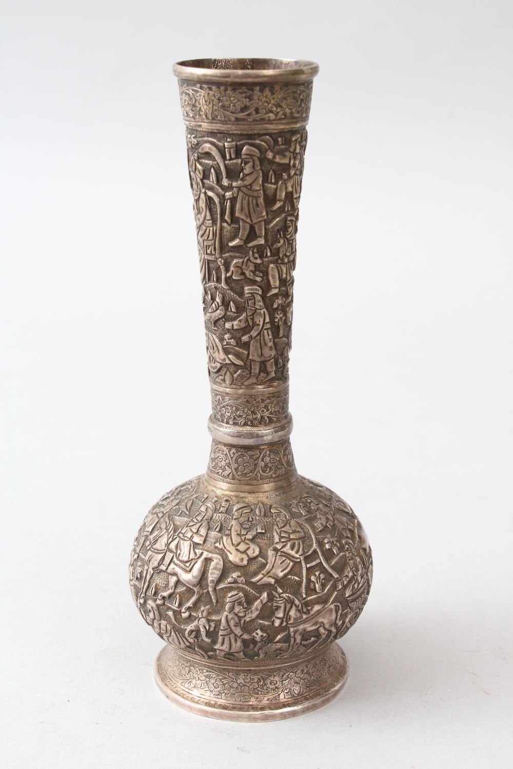 A VERY FINE 19TH CENTURY PERSIAN QAJAR SHIRAZ, SILVER BOTTLE VASE, with finely embossed and chased - Image 4 of 7