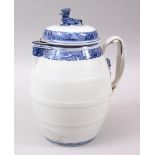 A GOOD 18TH CENTURY CHINESE BLUE & WHITE PORCELAIN CIDER JUG, with three bands of floral & butterfly