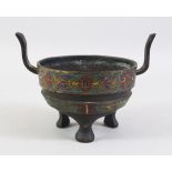 A GOOD CHINESE 19TH CENTURY OR EARLIER CLOISONNE TRIPOD CENSER, the censer with ccloisonne band