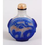A GOOD 19TH / 20TH CENTURY CHINESE BLUE OVERLAY GLASS SNUFF BOTTLE, overlay upon broken ice ground