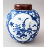 A GOOD CHINESE KANGXI PERIOD BLUE & WHITE PORCELAIN JAR AND COVER, the body of the jar decorated