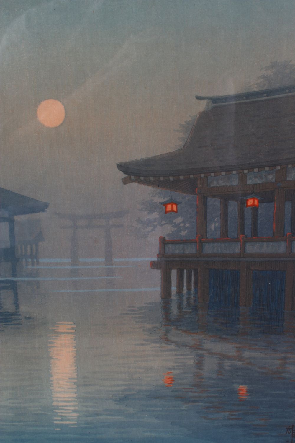 A GOOD PAIR OF JAPANESE SCHOOL WATERCOLOUR PAINTING, a temple at sunset and houses on a river at - Image 3 of 5