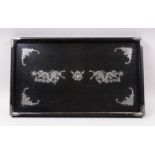 A GOOD CHINESE EARLY 20TH CENTURY PEWTER ONLAID WOODEN TRAY, the tray with pewter dragon and bat