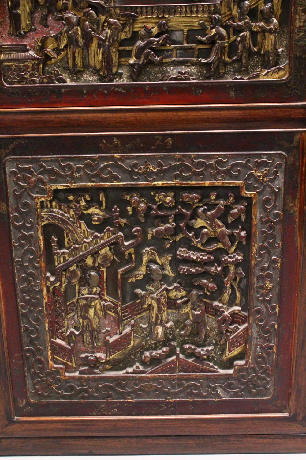 A GOOD 19TH CENTURY CHINESE HARDWOOD CABINET, the cabinet with two large carved and gilded doors, - Image 4 of 10