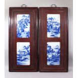 A GOOD LARGE PAIR OF CHINESE BLUE & WHITE HARDWOOD FRAMED PORCELAIN PANELS, each panel inset with