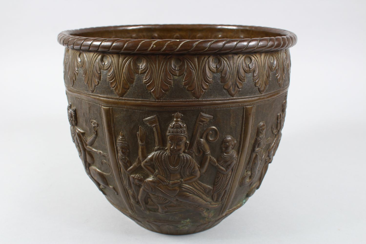 A GOOD AND LARGE INDIAN BRASS JARDINIERE, the body with panel decoration depicting figures and - Image 3 of 10