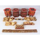 A MICED LOT OF 19TH / 20TH CENTURY CARVED CHINESE GILT WOOD STANDS AND PANELS, the lot consisting of