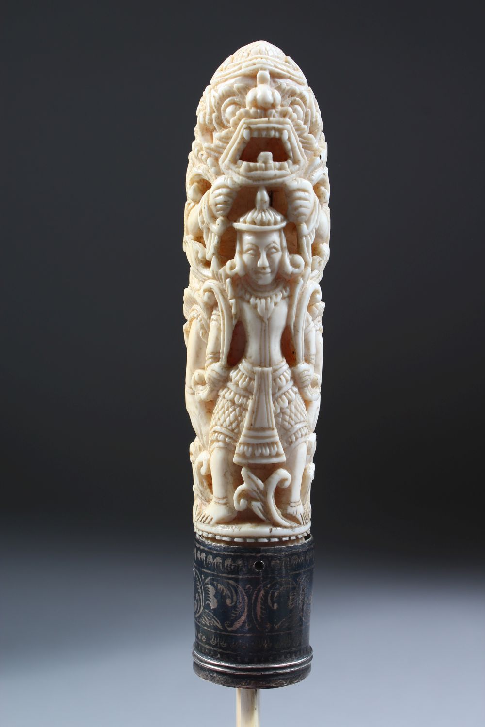 A GOOD 19TH CENTURY BURMESE IVORY PAGE TURNER, with a well carved handle and Niello Silver collar, - Image 4 of 4