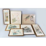 A GROUP OF SEVEN CHINESE PAINTINGS ON SILK, various subject matters to include birds in