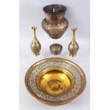 A COLLECTION OF FIVE 19TH CENTURY SILVER INLAID CAIROWARE PIECES, consisiting of a pair of vases,