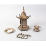 A GOOD 19TH CENTURY CHINESE SILVER PAGODA / CENSER AND THREE OTHER, the pagoda in two pieces and