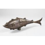 A 19TH CENTURY INDIAN SILVER RETICULATED FISH SHAPED SPICE BOX, the head opening, 25cm long