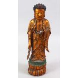 A GOOD 19TH / 20TH CENTURY CARVED WOODEN FIGURE OF A BUDDHA / DEITY, stood upon a lotus form base in