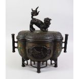 A VERY GOOD 19TH CENTURY CHINESE BRONZE & ENAMEL CENSER, of quatrefoil shape, the cover mounted with