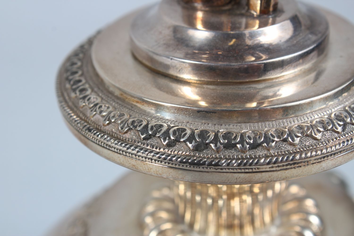 A FINE 19TH CENTURY INDIAN SILVER HUQQA BASE, 31cm high ( base alone ). - Image 8 of 11