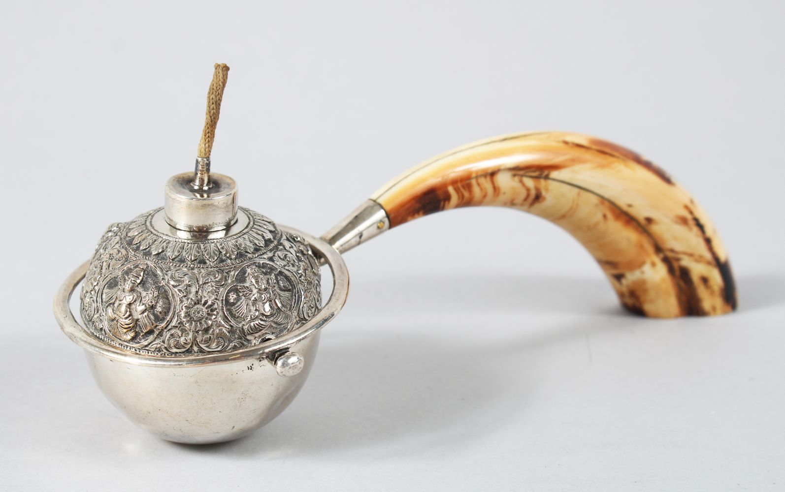 A 19TH CENTURY INDIAN SILVER AND BOARS TUSK CIGAR LIGHTER, 22.5cm long.