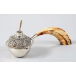A 19TH CENTURY INDIAN SILVER AND BOARS TUSK CIGAR LIGHTER, 22.5cm long.