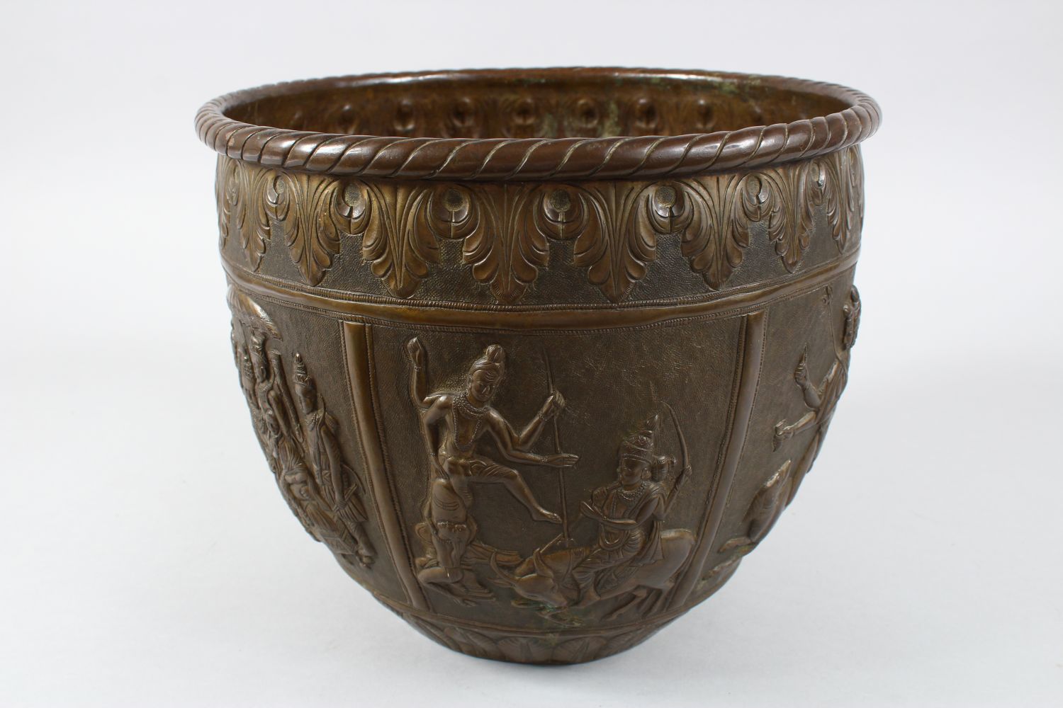 A GOOD AND LARGE INDIAN BRASS JARDINIERE, the body with panel decoration depicting figures and - Image 5 of 10