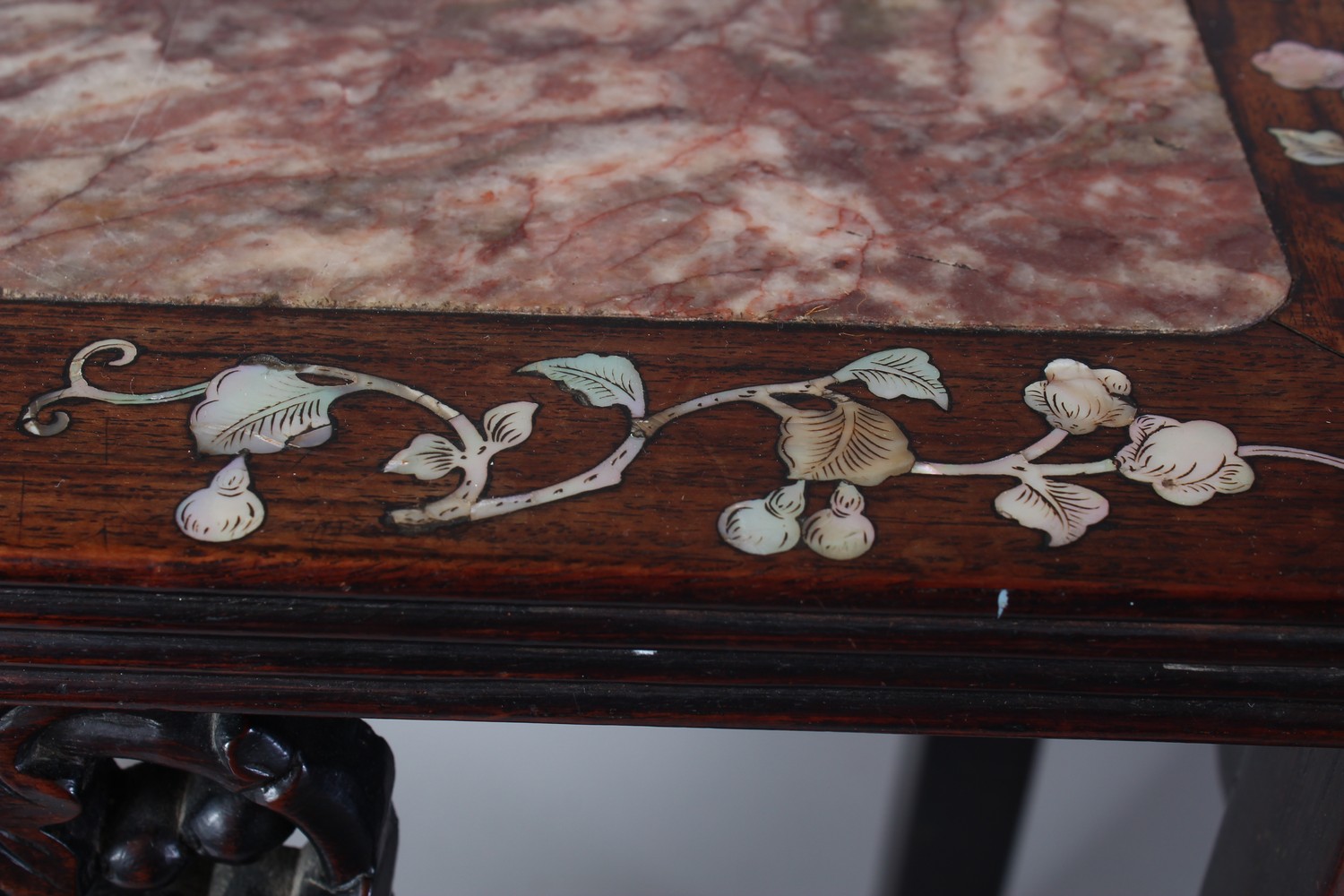 A GOOD PAIR OF 19TH CENTURY CHINESE HARDWOOD AND MOTHER OF PEARL MARBLE TOP STANDS, the tops inset - Image 3 of 7