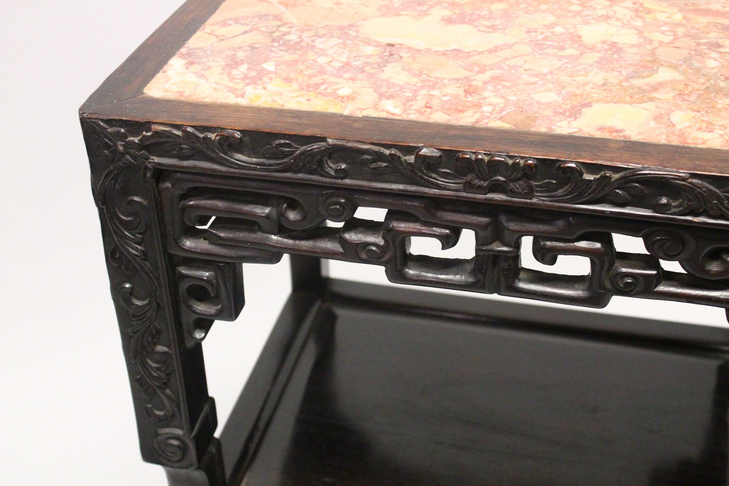 A 19TH CENTURY CHINESE HARDWOOD MARBLE TOP TWO TIER STAND, the stand with carved decoration, 46cm - Image 3 of 5