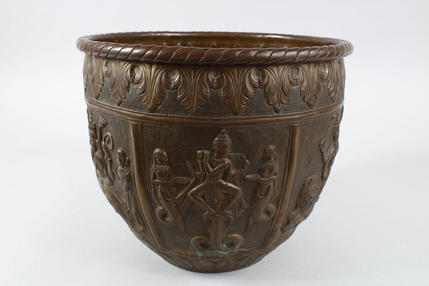 A GOOD AND LARGE INDIAN BRASS JARDINIERE, the body with panel decoration depicting figures and - Image 2 of 10